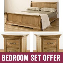 French Solid Oak King Size Bed and Two Bedside Cabinets